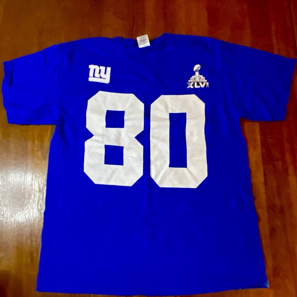 New York Giants Super Bowl XLVI NFL Mens Blue Shirt Large Victor Cruz T-shirt